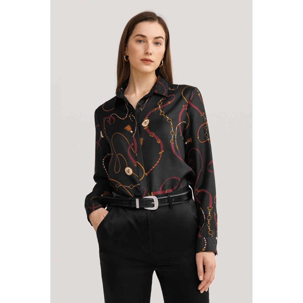 Lilysilk Louisville Print Silk Shirt Black Equestrian Chain Belt Blouse M